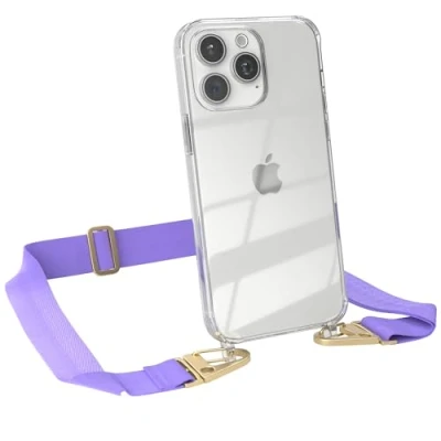 Abbildung von EAZY CASE Hülle mit Band kompatibel iPhone 15 Pro Max Handyhülle Umhängeband für Silikonhülle Transparent Schutzhülle Handykette zum Umhängen Handykordel in Lila Gold