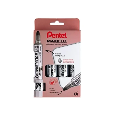Abbildung von Pentel Maxiflo MWL5W/4, Packung mit 4 Whiteboardmarkern, konische Spitze, extrabreit, Schwarz, Rot, Blau, Grün