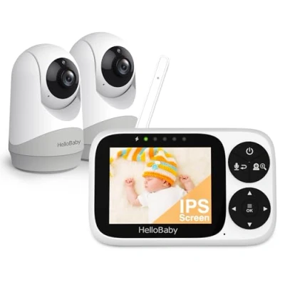 Abbildung von HelloBaby Babyphone mit 2 Kameras, 3,2 Zoll IPS Bildschirm Baby Kamera kein WLAN, Nachtsicht, VOX Modus, Schwenken, Neigen Zoomen Temperaturüberwachung, Wege Audio, Schlaflied