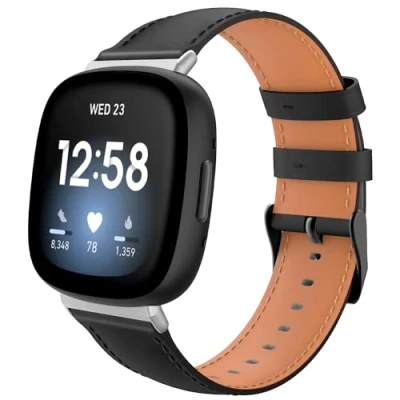 Abbildung von TiMOVO Leder Armband Kompatibel mit Fitbit Versa 4/Fitbit 3/Fitbit Sense 2/Sense Uhrenarmband, Genarbtes Echtes Klassisches Ersatzarmband für Damen und Herren, Schwarz