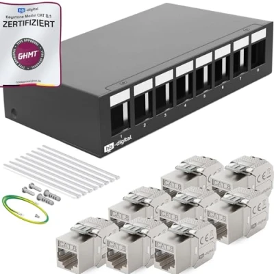 Abbildung von HB DIGITAL 8 Port Patchpanel Patchfeld Verteilerfeld 1 HE 8x CAT RJ45 Keystone Jack Modul GHMT Zertifiziert vollgeschirmt STP 40 Gbps Kompatibel mit Verlegekabel Netzwerkkabel LAN Schwarz