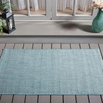Abbildung von SAFAVIEH Zeitgenössische Teppich für Wohnzimmer, Esszimmer, Schlafzimmer Courtyard Collection, Kurzer Flor, Aqua und Grau, 79 X 152 cm
