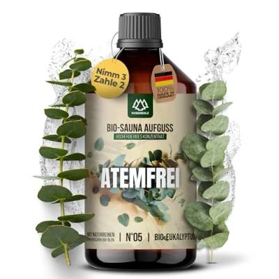 Abbildung von NORDHOLZ® Saunaaufguss BIO [NATURREINE ÄTHERISCHE ÖLE] Sauna Aufgussmittel #5 Atemfrei 250ml Eukalyptus Aufguss aus Franken Saunaöl