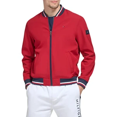 Abbildung von Tommy Hilfiger Herren Lightweight Varsity Rib Knit Bomber Jacket Shell Jacke, Rot/Ausflug, einfarbig (Getaway Solids), 3XL