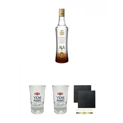 Abbildung von Yeni Raki ALA 0,7 Liter + Shot Glas Schiefer Glasuntersetzer eckig ca. 9,5 cm Ø 2 Stück