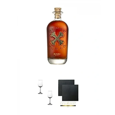 Abbildung von Bumbu The Original Spirituose auf Rumbasis 40% 0,7 Liter + Nosing Gläser Kelchglas Bugatti mit Eichstrich 2cl und 4cl 2 Stück Schiefer Glasuntersetzer eckig ca. 9,5 cm Ø