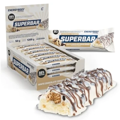 Abbildung von Energybody® Superbar Proteinriegel White Chocolate Cookie Dough 24x 50g / High Protein Riegel 36% Eiweiß 2g Zucker/Eiweißriegel zuckerarm für Low Carb Ernährung/Protein Bars