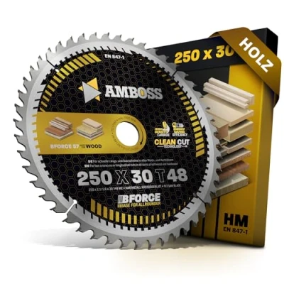 Abbildung von HM Kreissägeblatt 250x30 Z48 Wechselzahn für Akku Holz Allround. AMBOSS WERKZEUGE® Sägeblatt 250mm komp. zu Dewalt DWE 7492 Mafell Erika 85 EC Einhell TE CC 250. TC TS 2025. Holzmann. Bernardo