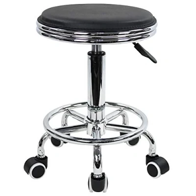 Abbildung von KKTONER Rollhocker höhenverstellbar, Drehhocker mit Fußstütze, Modern Industrial Metal Style, aus PU Leder schwarz