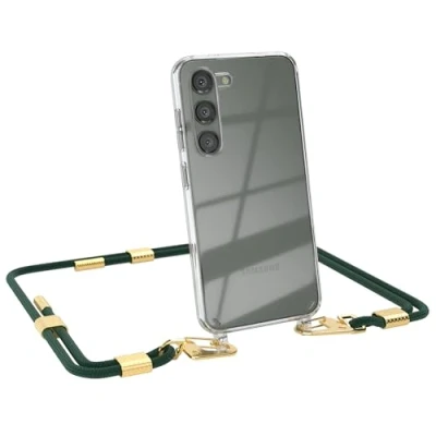 Abbildung von EAZY CASE kombinierbare Handyketten kompatibel mit Samsung Galaxy S23, Transparente Silikon Hülle stylischen rundem Umhängeband, Abnehmbarer Karabiner, Wechselgurt, Pinien Grün Gold