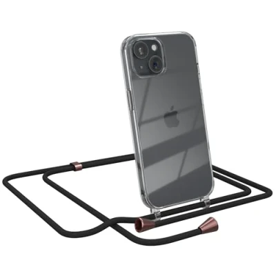 Abbildung von EAZY CASE Handykette kompatibel mit iPhone 15 Handyhülle Umhängeband, Handykordel Schutzhülle, Silikonhülle, Hülle Band, Stylische Kette für Smartphone, Schwarz Clips Rosé