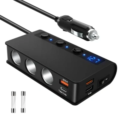 Abbildung von QC 3.0 Auto Ladegerät 3 Fach KFZ schnellladegerät, PD Type C 180W Zigarettenanzünder Verteiler Adapter 12V/24V Sockel Splitter 2 USB &amp; Port für Telefon 12 13 XR,GPS Dash Cam Handy