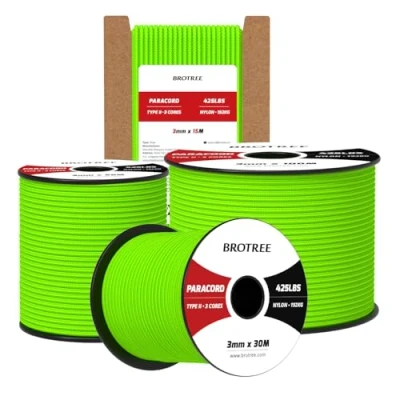 Abbildung von Brotree Paracord 3mm 50M 100% Nylon Seil Schnur Typ II 425 mit 3 Kern für Survival, Outdoor, Armband, Basteln Bruchlast 192kg (Neon Grün)