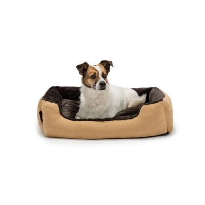 Abbildung von lionto Hundebett mit Wendekissen und Rutschfester Unterseite, Robustes Heimtierkissen tiefem Einstieg für Hunde Katzen jeden Alters, 60x48 cm, kuscheliges Hundekissen, beige/braun