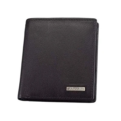 Abbildung von Alassio Mini Geldbörse im Hochformat, aus echtem Leder, mit Metallemblem, innen Carbonoptik Münzbörse, 10 cm, Schwarz
