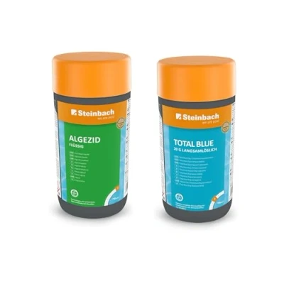Abbildung von Steinbach Poolpflege Starter Set Algezid flüssig + Total Blue langsamlöslich 20g Perfektes zur Reinigung und Wartung Poolwasser sauber kristallklar