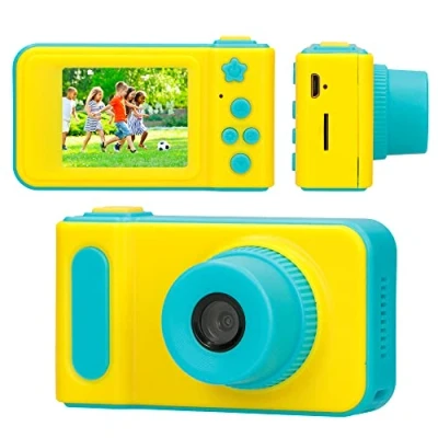 Abbildung von EXTRALINK Kinderkamera H8, Digitalkamera 1080P 30fps Kids Kamera, Robustes Gehäuse 2 Zoll Bildrschrim,Digitalkamera Kinder 12MP,Speicherkartenkapazität bis zu 32 GB, integrierte Spiele,USB,Gelb/Blau