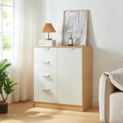 Abbildung von en.casa Kommode, »Varkaus« mit 4 Schubladen + 1 Tür 90x80x40 cm Eichenoptik/Weiß