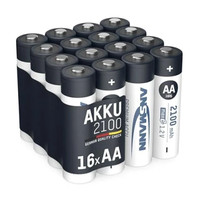 Abbildung von ANSMANN wiederaufladbar LSD Akku Batterie geringe Selbstentladung Mignon AA 2100mAh maxE NiMH vorgeladen sofort einsatzbereit hohe Kapazität ready to use 16er Pack