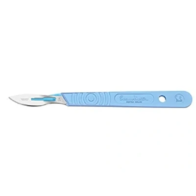 Abbildung von Swann Morton Sterile Einmalskalpelle, Griff mit einem abgestuften Skala aus Kunststoff und Klinge Nr. 24 rostfreiem Edelstahl, Schachtel 10 einzeln verpackten Skalpellen, Blau