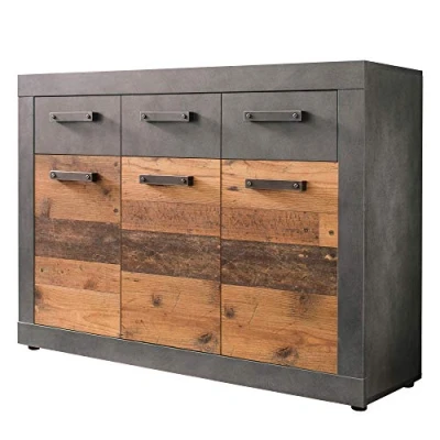 Abbildung von trendteam smart living Indy Kommode Alteiche/Grau Matt Sideboard in rustikaler Optik (BxHxT) 117 x 86 37 cm 3 Schubladen und Türen mit extravaganten Griffen