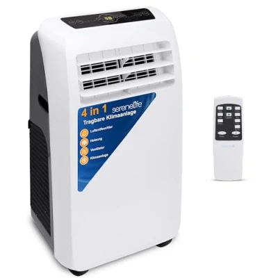 Abbildung von SereneLife Klimaanlage mobil 4 in 1: Luftkühler, Ventilator, Luftentfeuchter + Heizung Tragbares Klimagerät mit Abluftschlauch, Fernbedienung &amp; Kit für Räume bis 42 m² Fenster Montage 9,000 BTU