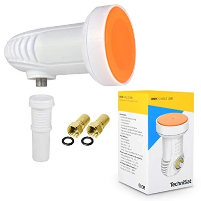 Abbildung von TechniSat Single LNB für 1 Teilnehmer TV Receiver direkt Anschluss mit Wetterschutz Unix digital UHD 4K Ultra HD Full HDTV + 2 F Stecker