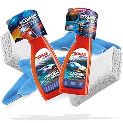 Abbildung von detailmate SONAX Reinigungsset Pflegeset Auto: Xtreme Ceramic SprayVersiegelung 750ml + QuickDetailer 2 Mikrofasertücher 320GSM 550GSM
