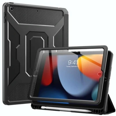 Abbildung von MoKo Hülle Kompatibel mit iPad 9th Gen 2021/ 8th/7th 2020/2019,Fullbody Schutzhülle Displayschutz Stifthalterung Auto Schlaf/Aufwach Stoßfest Deckel Dreiteilung Smart Case, Schwarz
