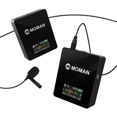 Abbildung von Moman Lavalier Funkmikrofon, Kabellos Ansteckmikrofon System, Wireless Microphone Mics, UHF 36 Kanäle, 70m Reichweite, Echtzeit Überwachung für Interview DV Kamera DSLR Canon Sony Nikon Panasonic C1
