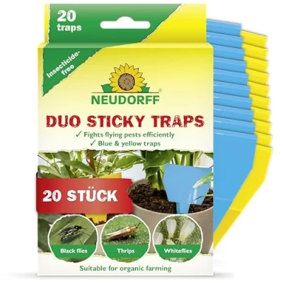 Abbildung von Neudorff Duo Sticky Traps Gelbsticker gegen kleine Fliegende Schädlinge wie Trauermücken und Blausticker Thripse. Geruchlos, insektizidfrei, 20 Stück