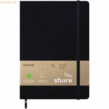 Abbildung von share Journal A5 blanko Notizheft spendet eine Unterrichtsstunde für ein Schulkind Upcycling Notizbuch aus Apfelschalen anthrazit/dunkelblau