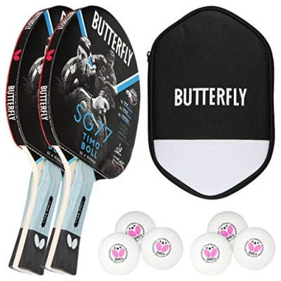 Abbildung von Butterfly 2x Timo Boll SG77 Tischtennisschläger + Tischtennishülle 6x TT Bälle