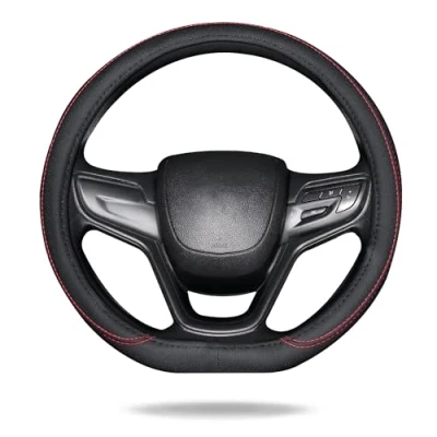 Abbildung von Lifetooler Auto Lenkradbezug D Typ Lenkradhülle Form Universeller Atmungsaktiver, Rutschfester Lenkrad Bezug Flacher Boden für Männer Frauen 38cm(15&quot;) PU Leder (schwarz rot)