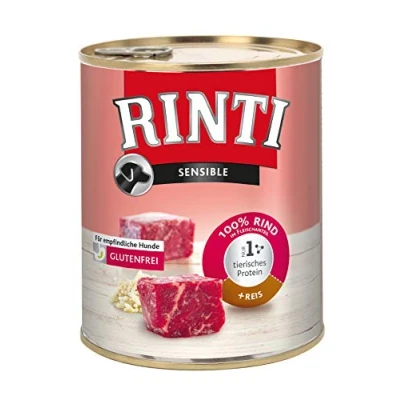 Abbildung von RINTI Sensible Nassfutter für sensible, ausgewachsene Hunde mit natürlichen Fleischstücken. Getreidefreies Alleinfutter in der Dose ohne künstliche Zusätze 12x800g Rind + Reis