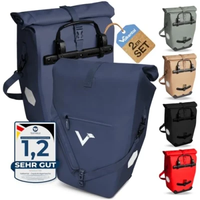 Abbildung von Valkental 2in1 Fahrradtasche aus klimafreundlichem TPU 2er Set 100% Wasserdicht Viele praktische Fächer 23 28L Flexibles Volumen mit Laptopfach Gepäckträgertasche Blau