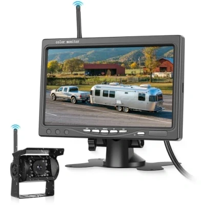 Abbildung von Kabellos Rückfahrkamera und 7 Zoll HD Monitor, Set Wireless Fahrzeuge Parkassistenzsystem, Nachtsicht wasserdichte Auto Kamera für Anhänger, Bus, LKW, Wohnmobi, Pferdeanhänger 12V 24V
