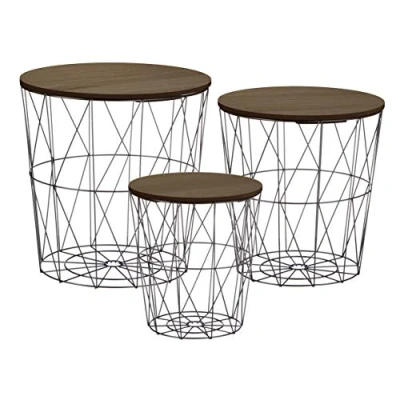 Abbildung von Spetebo Beistelltisch Metall Korb Tisch schwarz mit Holzplatte 3er Set (Set, 3 St., Tissche abnehmbarer Platte), Beistelltische dunklem Deckel