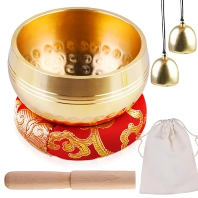 Abbildung von Tibetisches Klangschalen Set Handarbeit Heilung Meditation Yoga Klang Schüssel Singing Bowl aus Nepal mit Holz Klöppel, Klangschalenkissen, Messingglocke für Frauen Männer, 8 CM