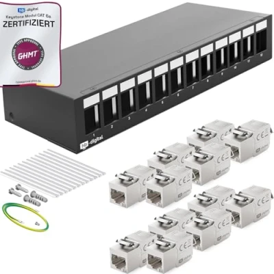 Abbildung von HB DIGITAL 12 Port Patchpanel Patchfeld Verteilerfeld 1 HE 12x CAT 6a RJ45 Keystone Jack Modul GHMT Zertifiziert vollgeschirmt STP 10 Gbps Kompatibel mit Verlegekabel Netzwerkkabel LAN Schwarz