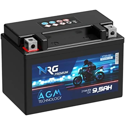 Abbildung von NRG Premium YTX9 BS AGM Motorradbatterie 12V 9,5Ah 210A/EN entspricht Batterie 50812 CTX9 ETX9 GTX9 auslaufsicher wartungsfrei ersetzt 9Ah 8Ah