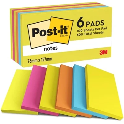 Abbildung von Post it Notes Energetic Collection, Packung mit 6 Blöcken, 100 Blatt pro Block, 76 mm x 127 mm, Farben: Gelb, Blau, Orange, Pink, Grün Selbstklebende Notizzettel für Notizen