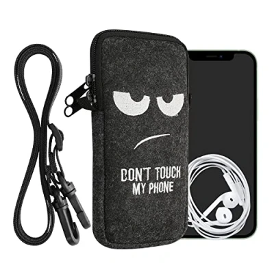 Abbildung von kwmobile Handytasche für Smartphones XL 6,7/6,8&quot; Filz Handy Hülle Weiß Dunkelgrau Tasche mit Kette 17,2 x 8,4 cm Innenmaße Don&#039;t Touch My Phone