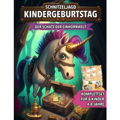 Abbildung von Schnitzeljagd Kindergeburtstag der Schatz Einhornwelt: Schatzsuche mit Einhörner von 4 bis zu 8 Jahre Kinder Komplettset Schatzkarte, Rätseln, Einladungen, Urkunden und vieles mehr!