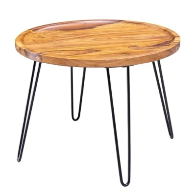 Abbildung von Wohnling Couchtisch Sheesham Massivholz 60x45x60 cm Wohnzimmertisch Rund, Sofatisch mit Haarnadelbeine, Kaffeetisch aus Holz und Metall