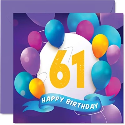 Abbildung von Geburtstagskarte zum 61. Geburtstag für Männer und Frauen Ballon Party Happy Birthday Cards 61 Jahre alte Männer, Frau, Mutter, Vater, Tante, Onkel, Großvater, Oma, Opa, 145 mm x