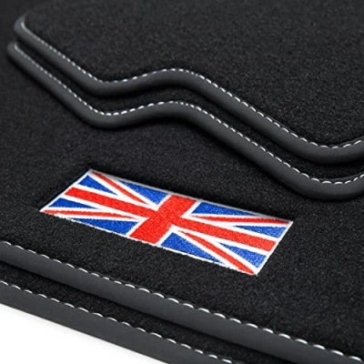 Abbildung von teileplus24 B507 Exclusive Union Jack Logo Fußmatten kompatibel mit Mini Countryman 3 U25 2024 Ziernähte, Naht:Silber