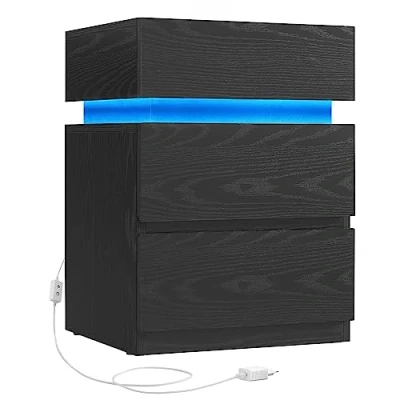 Abbildung von VASAGLE Nachttisch mit LED Beleuchtung, 2er Set, Beistelltisch, einstellbare Farben, Sofatisch 3 Schubladen, Nachtschrank Schlafzimmer, modern, 35 x 40 55 cm, schwarz Holzmaserung LET799T56