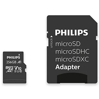 Abbildung von Philips Ultra Speed microSDXC Card 256 GB + SD Adapter UHS I U1, Lesegeschwindigkeit bis zu 80 MB/s, A1 Fast App Performance, V10, Speicherkarte für Smartphones, Tablet, PC, Reader, Full HD Video