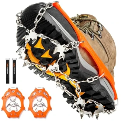 Abbildung von Crampons Ice Cleats Traction Snow Grips for Boots Shoes Women Men Anti Slip 19 Stainless Steel Spikes Safe Protect Hiking Fishing Walking Climbing Mountaineering (Orange, X Large)